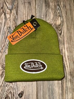Von Dutch Hunter Green Cuffed Knit Beanie Patch Y2K Trucker Nostalgic One Size